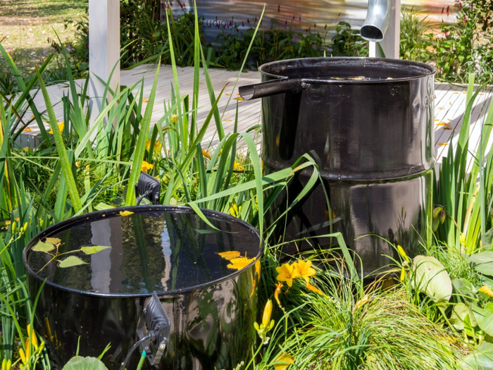 collect rainwater two large black garden containers full of rain water in a garden with tall grass