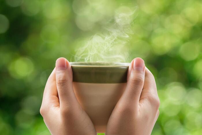 two hands holding a green and beige cup of steaming tea on a green background