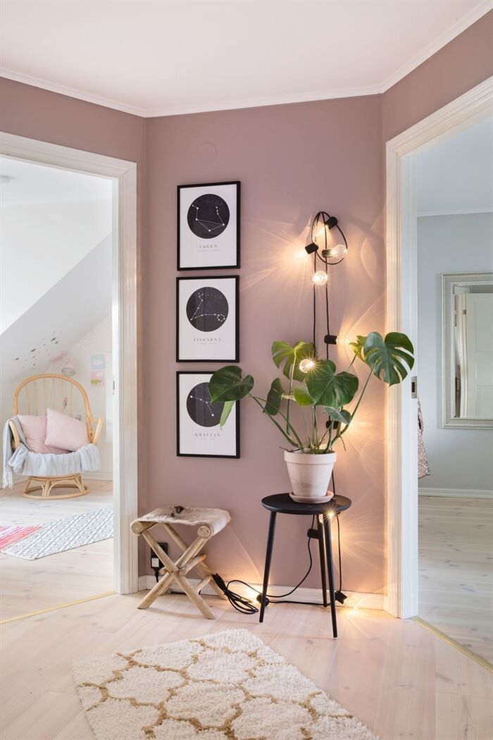 pastel interior design corner between two rooms with a living plant in the middle and prints