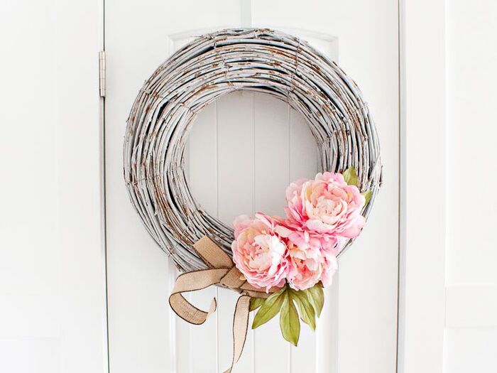 DIY pretty wreath simple branches with white paint on them and pink peonies