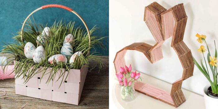 Easter crafts two pictures of a wooden bunny and a basket with green grass and eggs