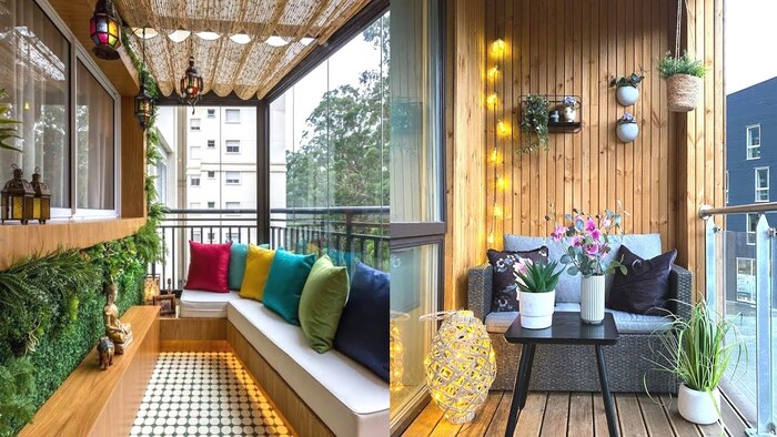 two balcony design ideas for small outdoor spaces with outdoor lights and furniture and decorative cushions