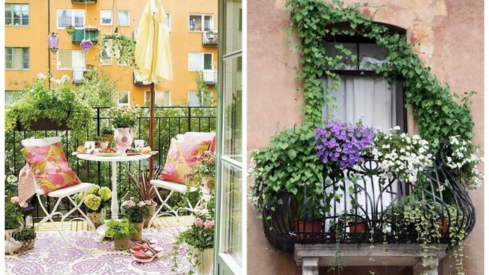 romantic balconies with a lot of plants and summer decorations