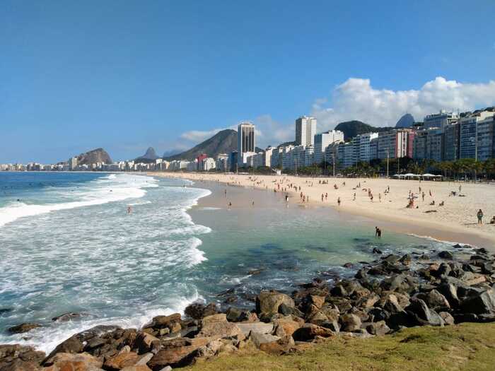 copacabana beach rio brazil at daytime people walking along with tall buildings in the background