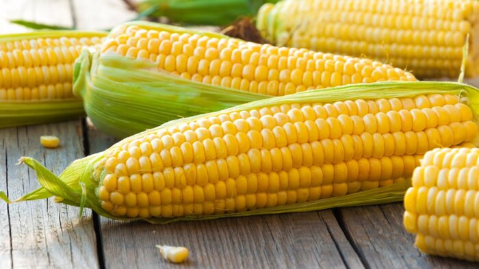 bright yellow corn on a grey wooden table