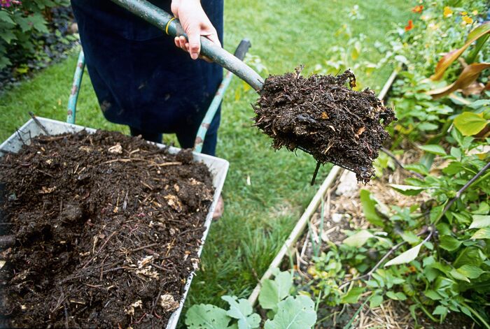 woman in dark clothes gardening moving soil from a garden cart to a plant bed 