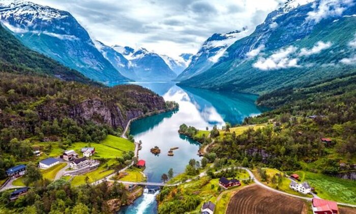 sight in Norway shot from above a natural landscape and a fjord