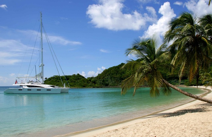 sailing yacht on a calm tropical beach with a palm tree 
