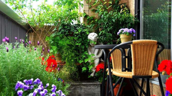 small urban garden design black chairs and table surrounded by plants in a small space