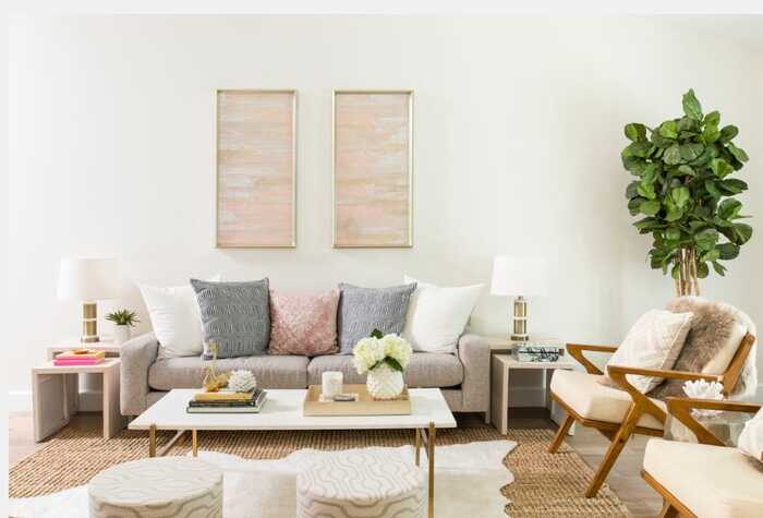 bright spaces light interior in neutral colors living room with pink and gray accents and a living plant in the corner