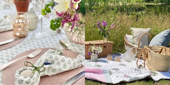 textile napkins on a picnic blanket outdoors with vintage woven bag and basket