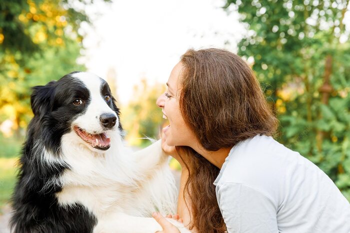 pets in summer black and white dog looking at the camera with a woman with long brown hair smiling at him