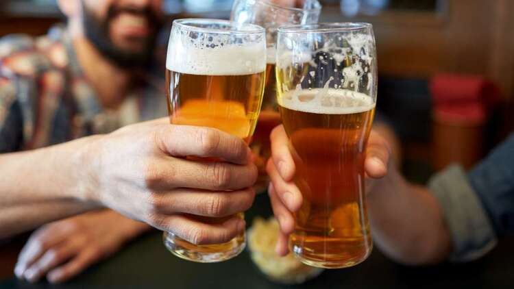 Guys cheering with glasses of beer in a pub 