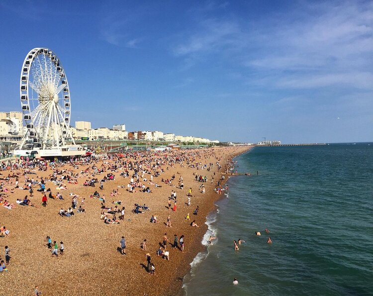 brighton beach uk with people sunbathing and swimming and a large ferris wheel