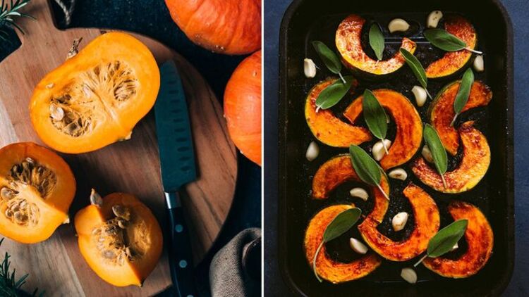 diet change pumpkin halves and a tin with pumpkin slices with herbs