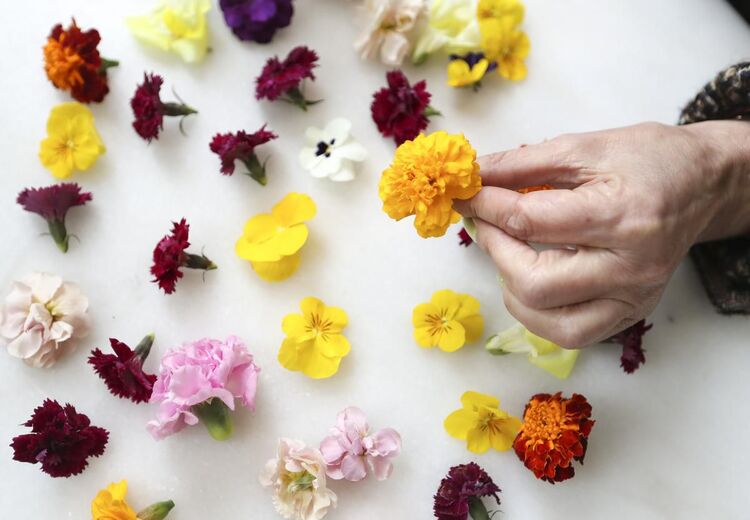 woman's hand picking flowers scattered on a white kitchen surface
