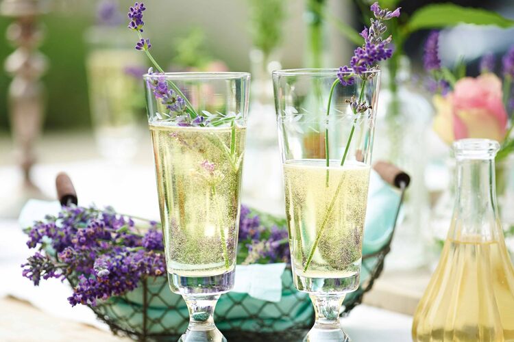 tall glasses of sparkling wine with branches of lavender in them on a garden table