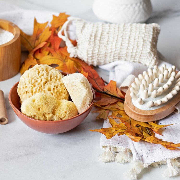 skin fall accessories for bath time colorful leaves on a white background